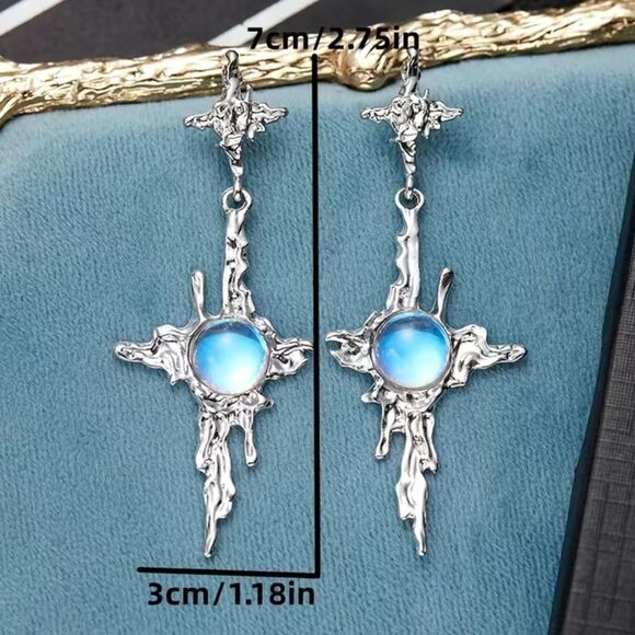 ⭐️SilverTone Cross Melting Moonstone Post back Earrrings. - Picture 2 of 16